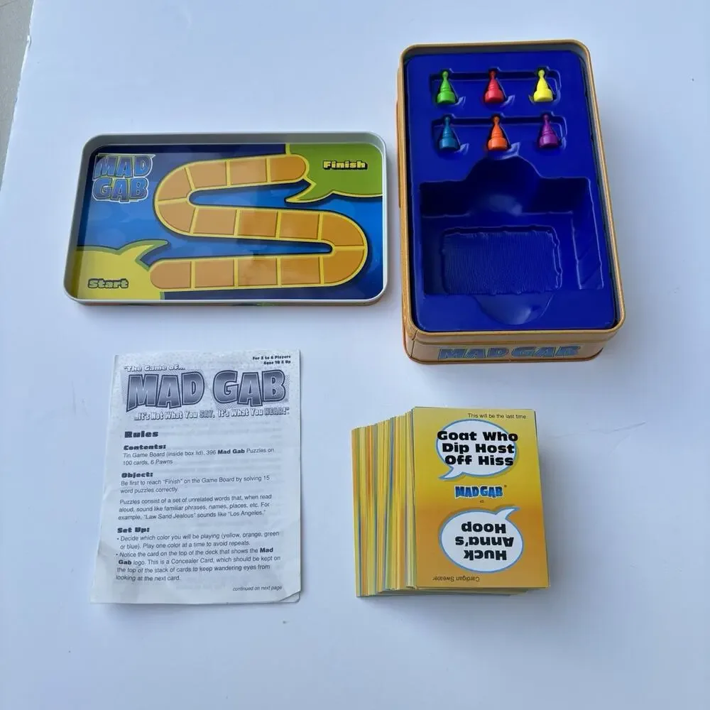 Mad Gab Game Tin COMPLETE Mattel 2004 Travel Party Game Words Humor